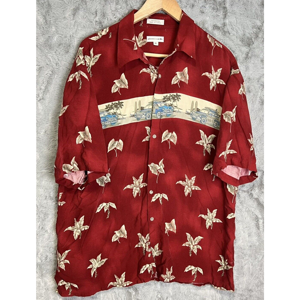 Vintage Pierre Cardin Hawaiian Shirt Mens‎ XL Rayon Red Floral Classic Cars